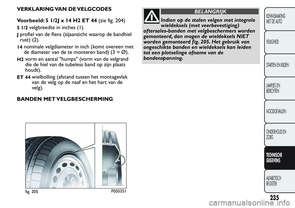 FIAT FIORINO 2017 Instructieboek (in Dutch) VERKLARING VAN DE VELGCODES
Voorbeeld: 5 1/2J x 14 H2 ET 44(zie fig. 204)
5 1/2velgbreedte in inches (1).
Jprofiel van de flens (zijaanzicht waarop de bandhiel
rust) (2).
14nominale velgdiameter in in FIAT FIORINO 2017 Instructieboek (in Dutch) VERKLARING VAN DE VELGCODES
Voorbeeld: 5 1/2J x 14 H2 ET 44(zie fig. 204)
5 1/2velgbreedte in inches (1).
Jprofiel van de flens (zijaanzicht waarop de bandhiel
rust) (2).
14nominale velgdiameter in in