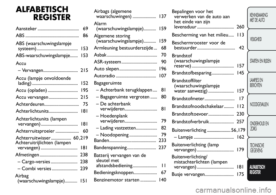FIAT FIORINO 2017 Instructieboek (in Dutch) ALFABETISCH
REGISTER
Aansteker ..................................... 69
ABS ................................................ 86
ABS (waarschuwingslampje
systeem)..................................... 1 FIAT FIORINO 2017 Instructieboek (in Dutch) ALFABETISCH
REGISTER
Aansteker ..................................... 69
ABS ................................................ 86
ABS (waarschuwingslampje
systeem)..................................... 1
