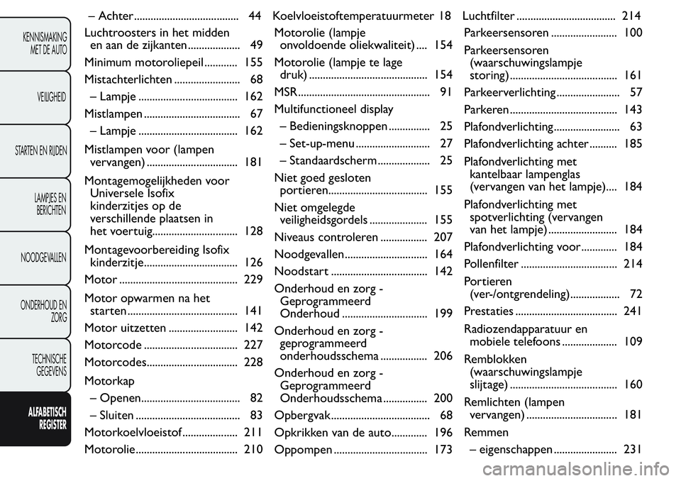 FIAT FIORINO 2017 Instructieboek (in Dutch) Luchtroosters in het midden
en aan de zijkanten ................... 49
Minimum motoroliepeil ............ 155
Mistachterlichten ........................ 68
– Lampje ................................. FIAT FIORINO 2017 Instructieboek (in Dutch) Luchtroosters in het midden
en aan de zijkanten ................... 49
Minimum motoroliepeil ............ 155
Mistachterlichten ........................ 68
– Lampje .................................