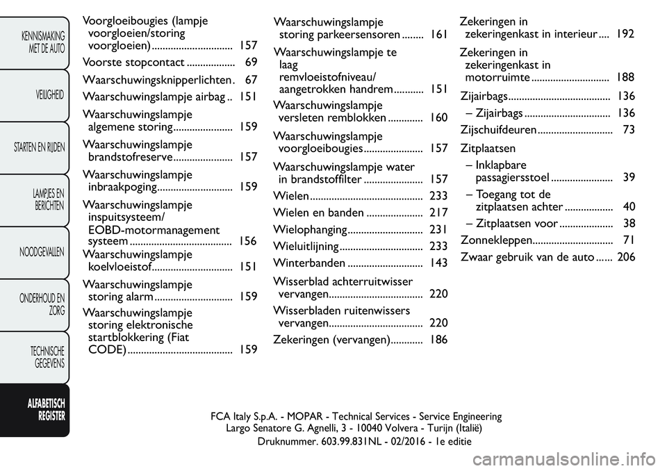 FIAT FIORINO 2017 Instructieboek (in Dutch) Voorgloeibougies (lampje
voorgloeien/storing
voorgloeien) .............................. 157
Voorste stopcontact .................. 69
Waarschuwingsknipperlichten . 67
Waarschuwingslampje airbag .. 15 FIAT FIORINO 2017 Instructieboek (in Dutch) Voorgloeibougies (lampje
voorgloeien/storing
voorgloeien) .............................. 157
Voorste stopcontact .................. 69
Waarschuwingsknipperlichten . 67
Waarschuwingslampje airbag .. 15