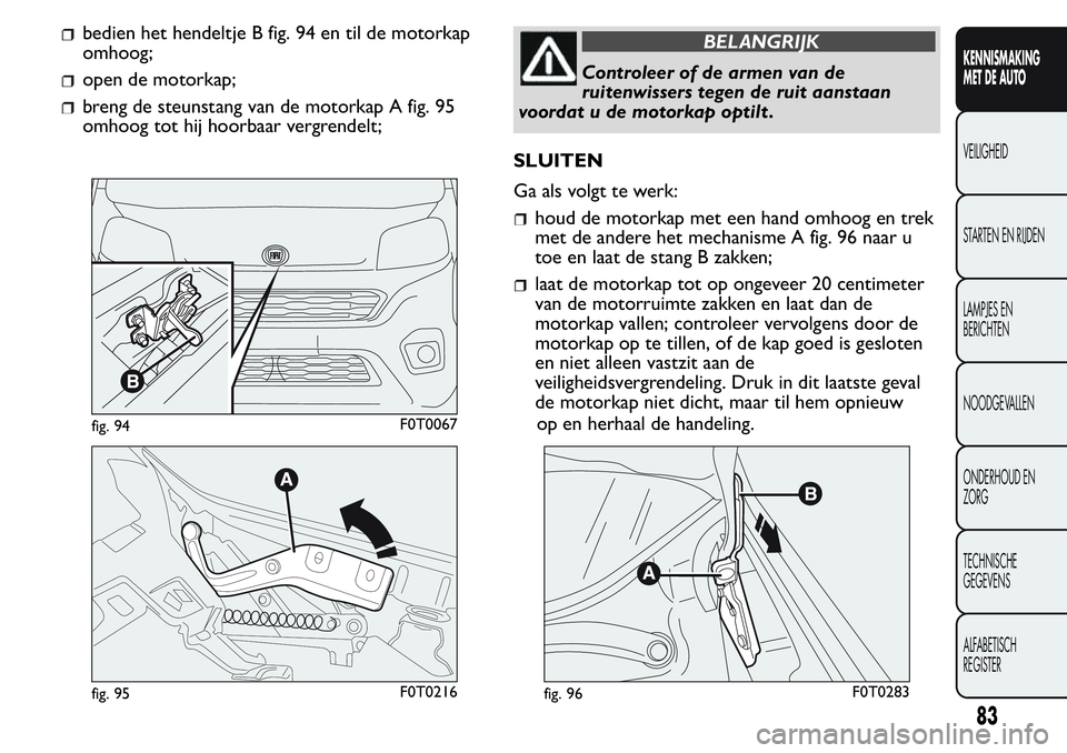 FIAT FIORINO 2017  Instructieboek (in Dutch) bedien het hendeltje B fig. 94 en til de motorkap
omhoog;
open de motorkap;
breng de steunstang van de motorkap A fig. 95
omhoog tot hij hoorbaar vergrendelt;
BELANGRIJK
Controleer of de armen van de
