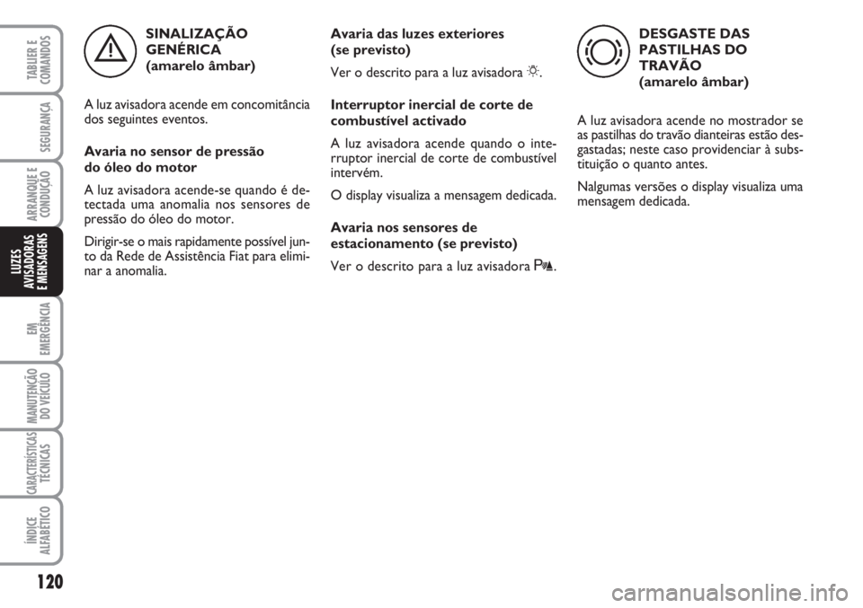 FIAT FIORINO 2007  Manual de Uso e Manutenção (in Portuguese) SINALIZAÇÃO
GENÉRICA 
(amarelo âmbar)
A luz avisadora acende em concomitância
dos seguintes eventos.
Avaria no sensor de pressão 
do óleo do motor
A luz avisadora acende-se quando é de-
tectad