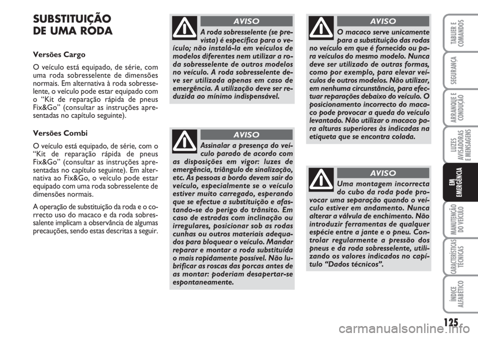 FIAT FIORINO 2007  Manual de Uso e Manutenção (in Portuguese) SUBSTITUIÇÃO
DE UMA RODA
Versões Cargo 
O veículo está equipado, de série, com
uma roda sobresselente de dimensões
normais. Em alternativa à roda sobresse-
lente, o veículo pode estar equipad