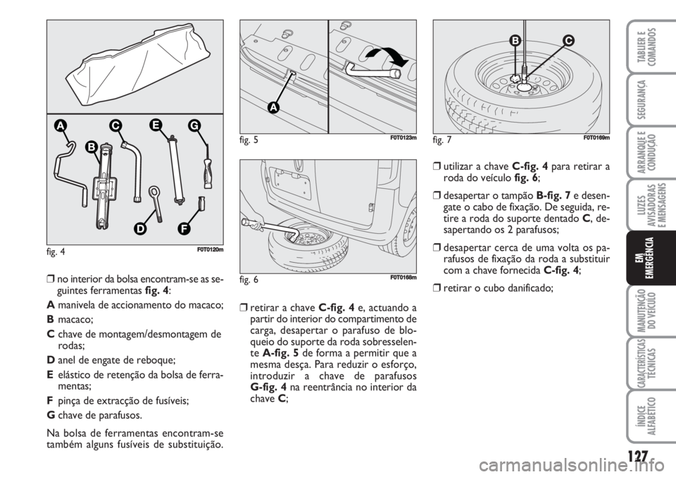 FIAT FIORINO 2007  Manual de Uso e Manutenção (in Portuguese) fig. 4F0T0120m
❒retirar a chave C-fig. 4e, actuando a
partir do interior do compartimento de
carga, desapertar o parafuso de blo-
queio do suporte da roda sobresselen-
te A-fig. 5de forma a permitir