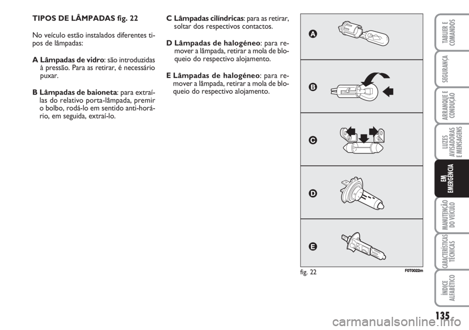 FIAT FIORINO 2007 Manual de Uso e Manutenção (in Portuguese) TIPOS DE LÂMPADAS fig. 22
No veículo estão instalados diferentes ti-
pos de lâmpadas:
A Lâmpadas de vidro: são introduzidas
à pressão. Para as retirar, é necessário
puxar.
B Lâmpadas de bai FIAT FIORINO 2007 Manual de Uso e Manutenção (in Portuguese) TIPOS DE LÂMPADAS fig. 22
No veículo estão instalados diferentes ti-
pos de lâmpadas:
A Lâmpadas de vidro: são introduzidas
à pressão. Para as retirar, é necessário
puxar.
B Lâmpadas de bai