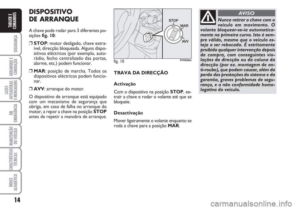 FIAT FIORINO 2007 Manual de Uso e Manutenção (in Portuguese) 14
SEGURANÇA
ARRANQUE E
CONDUÇÃO
LUZES
AVISADORAS
E MENSAGENS
EM
EMERGÊNCIA
MANUTENÇÃO
DO VEÍCULO
CARACTERÍSTICASTÉCNICAS
ÍNDICE
ALFABÉTICO
TABLIER E
COMANDOS
fig. 10F0T0039m
Nunca retirar FIAT FIORINO 2007 Manual de Uso e Manutenção (in Portuguese) 14
SEGURANÇA
ARRANQUE E
CONDUÇÃO
LUZES
AVISADORAS
E MENSAGENS
EM
EMERGÊNCIA
MANUTENÇÃO
DO VEÍCULO
CARACTERÍSTICASTÉCNICAS
ÍNDICE
ALFABÉTICO
TABLIER E
COMANDOS
fig. 10F0T0039m
Nunca retirar