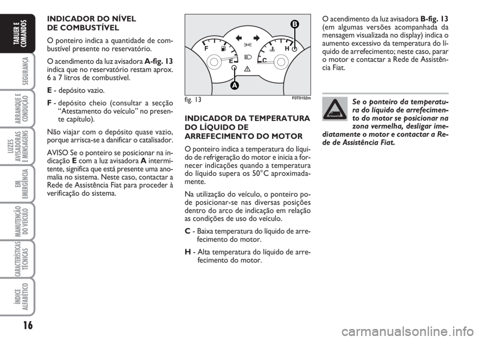 FIAT FIORINO 2007  Manual de Uso e Manutenção (in Portuguese) 16
SEGURANÇA
ARRANQUE E
CONDUÇÃO
LUZES
AVISADORAS 
E MENSAGENS
EM
EMERGÊNCIA
MANUTENÇÃO
DO VEÍCULO
CARACTERÍSTICASTÉCNICAS
ÍNDICE
ALFABÉTICO
TABLIER E
COMANDOS
INDICADOR DO NÍVEL 
DE COMBU