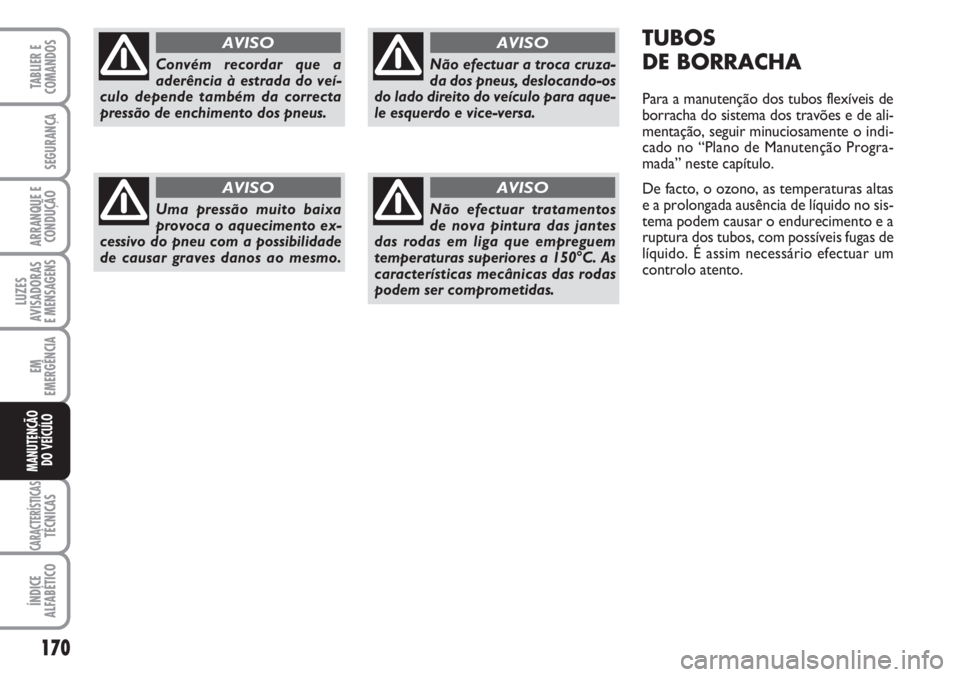 FIAT FIORINO 2007 Manual de Uso e Manutenção (in Portuguese) 170
LUZES
AVISADORAS
E MENSAGENS
CARACTERÍSTICASTÉCNICAS
ÍNDICE
ALFABÉTICO
TABLIER E
COMANDOS
SEGURANÇA
ARRANQUE E
CONDUÇÃO
EM
EMERGÊNCIA
MANUTENÇÃO
DO VEÍCULO
TUBOS
DE BORRACHA
Para a man FIAT FIORINO 2007 Manual de Uso e Manutenção (in Portuguese) 170
LUZES
AVISADORAS
E MENSAGENS
CARACTERÍSTICASTÉCNICAS
ÍNDICE
ALFABÉTICO
TABLIER E
COMANDOS
SEGURANÇA
ARRANQUE E
CONDUÇÃO
EM
EMERGÊNCIA
MANUTENÇÃO
DO VEÍCULO
TUBOS
DE BORRACHA
Para a man