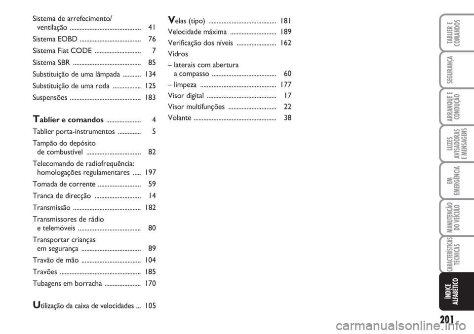 FIAT FIORINO 2007  Manual de Uso e Manutenção (in Portuguese) 201
LUZES
AVISADORAS 
E MENSAGENS
TABLIER E
COMANDOS
SEGURANÇA
ARRANQUE E
CONDUÇÃO
EM
EMERGÊNCIA
MANUTENÇÃO
DO VEÍCULO
CARACTERÍSTICASTÉCNICAS
ÍNDICE
ALFABÉTICO
Sistema de arrefecimento/ 
v