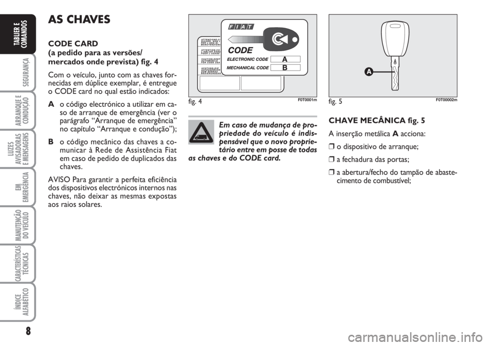 FIAT FIORINO 2007  Manual de Uso e Manutenção (in Portuguese) 8
SEGURANÇA
ARRANQUE E
CONDUÇÃO
LUZES
AVISADORAS 
E MENSAGENS
EM
EMERGÊNCIA
MANUTENÇÃO
DO VEÍCULO
CARACTERÍSTICASTÉCNICAS
ÍNDICE
ALFABÉTICO
TABLIER E
COMANDOS
AS CHAVES
CODE CARD
(a pedido 