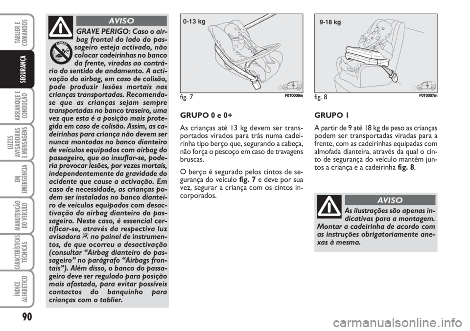 FIAT FIORINO 2007  Manual de Uso e Manutenção (in Portuguese) 90
ARRANQUE E
CONDUÇÃO
LUZES
AVISADORAS 
E MENSAGENS
EM
EMERGÊNCIA
MANUTENÇÃO
DO VEÍCULO
CARACTERÍSTICASTÉCNICAS
ÍNDICE
ALFABÉTICO
TABLIER E
COMANDOS
SEGURANÇA
GRAVE PERIGO: Caso o air-
bag