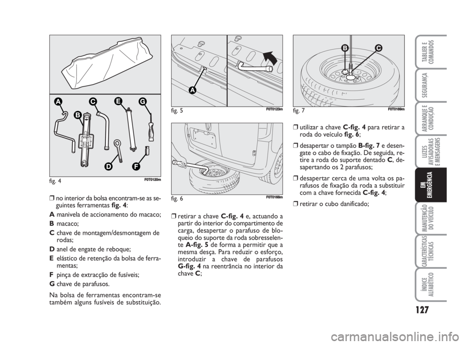 FIAT FIORINO 2008 Manual de Uso e Manutenção (in Portuguese) fig. 4F0T0120m
❒retirar a chave C-fig. 4e, actuando a
partir do interior do compartimento de
carga, desapertar o parafuso de blo-
queio do suporte da roda sobresselen-
te A-fig. 5de forma a permitir FIAT FIORINO 2008 Manual de Uso e Manutenção (in Portuguese) fig. 4F0T0120m
❒retirar a chave C-fig. 4e, actuando a
partir do interior do compartimento de
carga, desapertar o parafuso de blo-
queio do suporte da roda sobresselen-
te A-fig. 5de forma a permitir