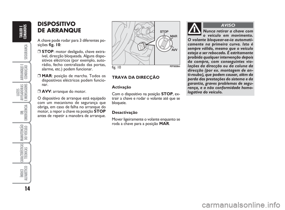 FIAT FIORINO 2008  Manual de Uso e Manutenção (in Portuguese) 14
SEGURANÇA
ARRANQUE E
CONDUÇÃO
LUZES
AVISADORAS 
E MENSAGENS
EM
EMERGÊNCIA
MANUTENÇÃO
DO VEÍCULO
CARACTERÍSTICASTÉCNICAS
ÍNDICE
ALFABÉTICO
TABLIER E
COMANDOS
fig. 10F0T0039m
Nunca retirar