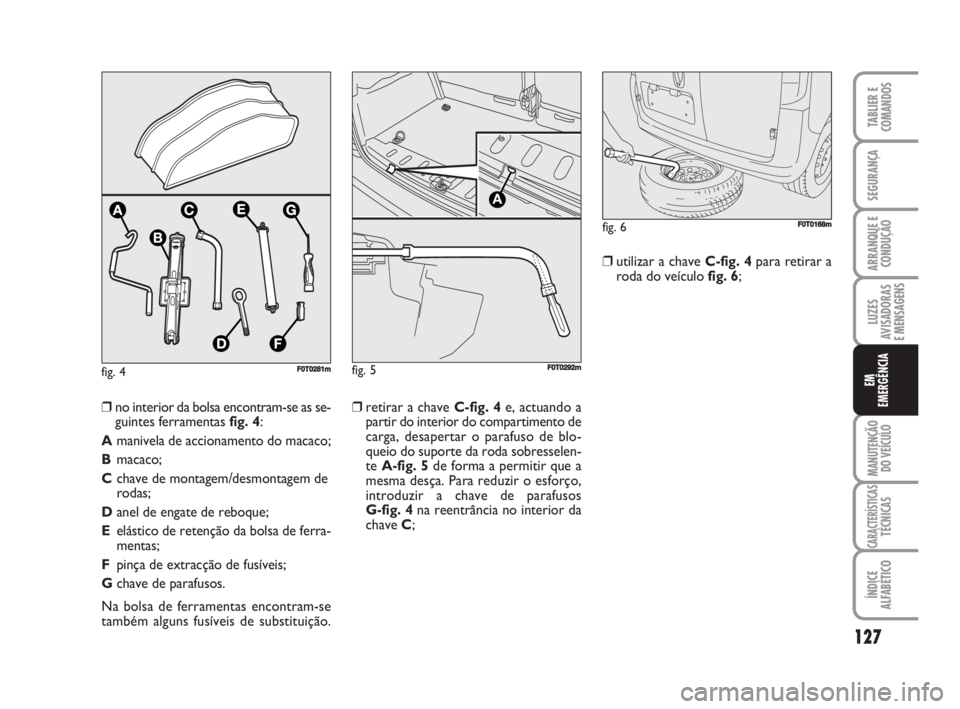 FIAT FIORINO 2009 Manual de Uso e Manutenção (in Portuguese) fig. 4F0T0281m
❒retirar a chave C-fig. 4e, actuando a
partir do interior do compartimento de
carga, desapertar o parafuso de blo-
queio do suporte da roda sobresselen-
te A-fig. 5de forma a permitir FIAT FIORINO 2009 Manual de Uso e Manutenção (in Portuguese) fig. 4F0T0281m
❒retirar a chave C-fig. 4e, actuando a
partir do interior do compartimento de
carga, desapertar o parafuso de blo-
queio do suporte da roda sobresselen-
te A-fig. 5de forma a permitir