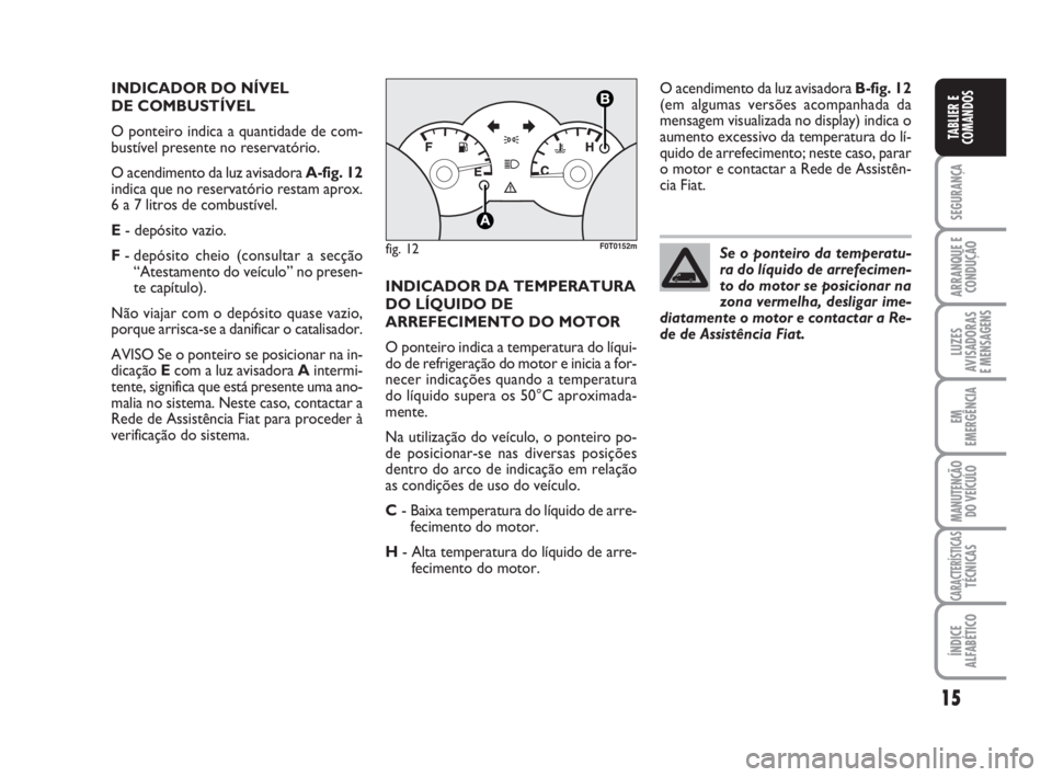 FIAT FIORINO 2009  Manual de Uso e Manutenção (in Portuguese) 15
SEGURANÇA
ARRANQUE E
CONDUÇÃO
LUZES
AVISADORAS 
E MENSAGENS
EM
EMERGÊNCIA
MANUTENÇÃO
DO VEÍCULO
CARACTERÍSTICASTÉCNICAS
ÍNDICE
ALFABÉTICO
TABLIER E
COMANDOS
INDICADOR DO NÍVEL 
DE COMBU