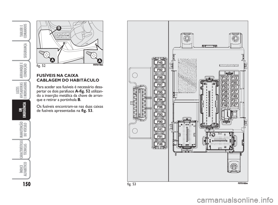 FIAT FIORINO 2009 Manual de Uso e Manutenção (in Portuguese) 150
LUZES
AVISADORAS
E MENSAGENS
MANUTENÇÃO
DO VEÍCULO
CARACTERÍSTICASTÉCNICAS
ÍNDICE
ALFABÉTICO
TABLIER E
COMANDOS
SEGURANÇA
ARRANQUE E
CONDUÇÃO
EM
EMERGÊNCIA
FUSÍVEIS NA CAIXA
CABLAGEM FIAT FIORINO 2009 Manual de Uso e Manutenção (in Portuguese) 150
LUZES
AVISADORAS
E MENSAGENS
MANUTENÇÃO
DO VEÍCULO
CARACTERÍSTICASTÉCNICAS
ÍNDICE
ALFABÉTICO
TABLIER E
COMANDOS
SEGURANÇA
ARRANQUE E
CONDUÇÃO
EM
EMERGÊNCIA
FUSÍVEIS NA CAIXA
CABLAGEM