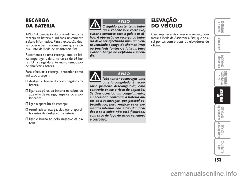 FIAT FIORINO 2009 Manual de Uso e Manutenção (in Portuguese) 153
LUZES
AVISADORAS
E MENSAGENS
MANUTENÇÃO
DO VEÍCULO
CARACTERÍSTICASTÉCNICAS
ÍNDICE
ALFABÉTICO
TABLIER E
COMANDOS
SEGURANÇA
ARRANQUE E
CONDUÇÃO
EM
EMERGÊNCIA
RECARGA
DA BATERIA
AVISO A d FIAT FIORINO 2009 Manual de Uso e Manutenção (in Portuguese) 153
LUZES
AVISADORAS
E MENSAGENS
MANUTENÇÃO
DO VEÍCULO
CARACTERÍSTICASTÉCNICAS
ÍNDICE
ALFABÉTICO
TABLIER E
COMANDOS
SEGURANÇA
ARRANQUE E
CONDUÇÃO
EM
EMERGÊNCIA
RECARGA
DA BATERIA
AVISO A d