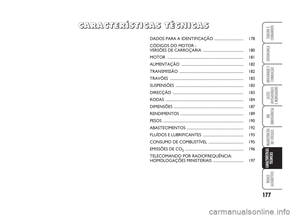 FIAT FIORINO 2009 Manual de Uso e Manutenção (in Portuguese) 177
TABLIER E
COMANDOS
SEGURANÇA
ARRANQUE E
CONDUÇÃO
LUZES
AVISADORAS
E MENSAGENS
EM
EMERGÊNCIA
MANUTENÇÃO
DO VEÍCULO
ÍNDICE
ALFABÉTICO
CARACTERÍSTICASTÉCNICAS
DADOS PARA A IDENTIFICAÇÃO FIAT FIORINO 2009 Manual de Uso e Manutenção (in Portuguese) 177
TABLIER E
COMANDOS
SEGURANÇA
ARRANQUE E
CONDUÇÃO
LUZES
AVISADORAS
E MENSAGENS
EM
EMERGÊNCIA
MANUTENÇÃO
DO VEÍCULO
ÍNDICE
ALFABÉTICO
CARACTERÍSTICASTÉCNICAS
DADOS PARA A IDENTIFICAÇÃO