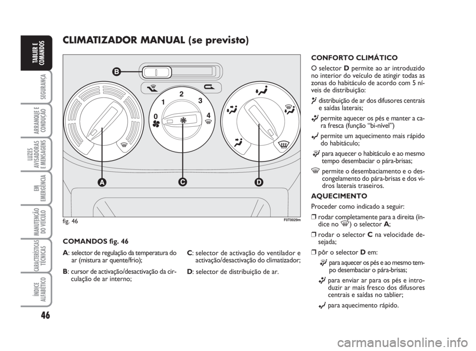 FIAT FIORINO 2009  Manual de Uso e Manutenção (in Portuguese) 46
SEGURANÇA
ARRANQUE E
CONDUÇÃO
LUZES
AVISADORAS 
E MENSAGENS
EM
EMERGÊNCIA
MANUTENÇÃO
DO VEÍCULO
CARACTERÍSTICASTÉCNICAS
ÍNDICE
ALFABÉTICO
TABLIER E
COMANDOS
CLIMATIZADOR MANUAL (se previ