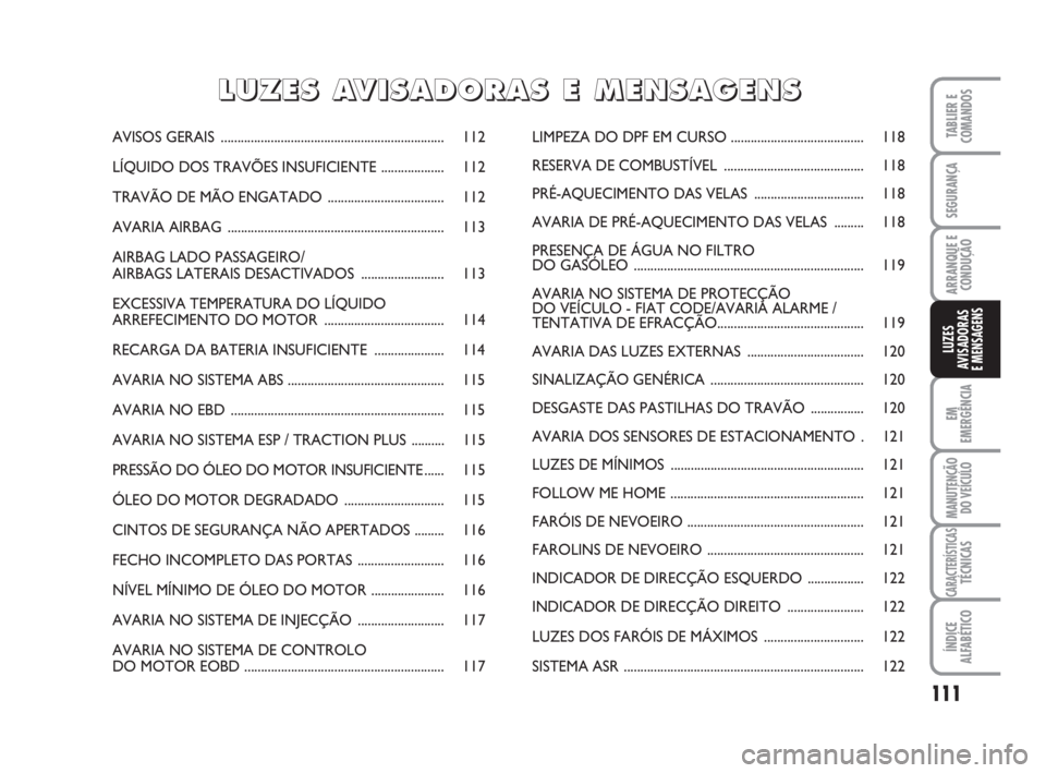 FIAT FIORINO 2016  Manual de Uso e Manutenção (in Portuguese) 111
EM
EMERGÊNCIA
MANUTENÇÃO
DO VEÍCULO
CARACTERÍSTICASTÉCNICAS
ÍNDICE
ALFABÉTICO
TABLIER E
COMANDOS
SEGURANÇA
ARRANQUE E
CONDUÇÃO
LUZES
AVISADORAS 
E MENSAGENS
AVISOS GERAIS...............