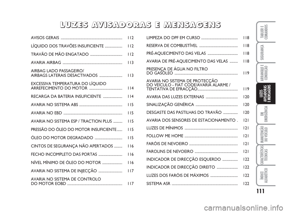 FIAT FIORINO 2015 Manual de Uso e Manutenção (in Portuguese) 111
EM
EMERGÊNCIA
MANUTENÇÃO
DO VEÍCULO
CARACTERÍSTICASTÉCNICAS
ÍNDICE
ALFABÉTICO
TABLIER E
COMANDOS
SEGURANÇA
ARRANQUE E
CONDUÇÃO
LUZES
AVISADORAS
E MENSAGENS
AVISOS GERAIS............... FIAT FIORINO 2015 Manual de Uso e Manutenção (in Portuguese) 111
EM
EMERGÊNCIA
MANUTENÇÃO
DO VEÍCULO
CARACTERÍSTICASTÉCNICAS
ÍNDICE
ALFABÉTICO
TABLIER E
COMANDOS
SEGURANÇA
ARRANQUE E
CONDUÇÃO
LUZES
AVISADORAS
E MENSAGENS
AVISOS GERAIS...............