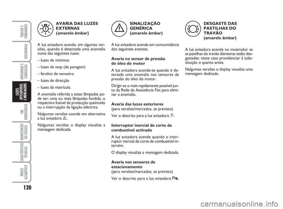 FIAT FIORINO 2015 Manual de Uso e Manutenção (in Portuguese) SINALIZAÇÃO
GENÉRICA
(amarelo âmbar)
A luz avisadora acende em concomitância
dos seguintes eventos.
Avaria no sensor de pressão
do óleo do motor
A luz avisadora acende-se quando é de-
tectad FIAT FIORINO 2015 Manual de Uso e Manutenção (in Portuguese) SINALIZAÇÃO
GENÉRICA
(amarelo âmbar)
A luz avisadora acende em concomitância
dos seguintes eventos.
Avaria no sensor de pressão
do óleo do motor
A luz avisadora acende-se quando é de-
tectad