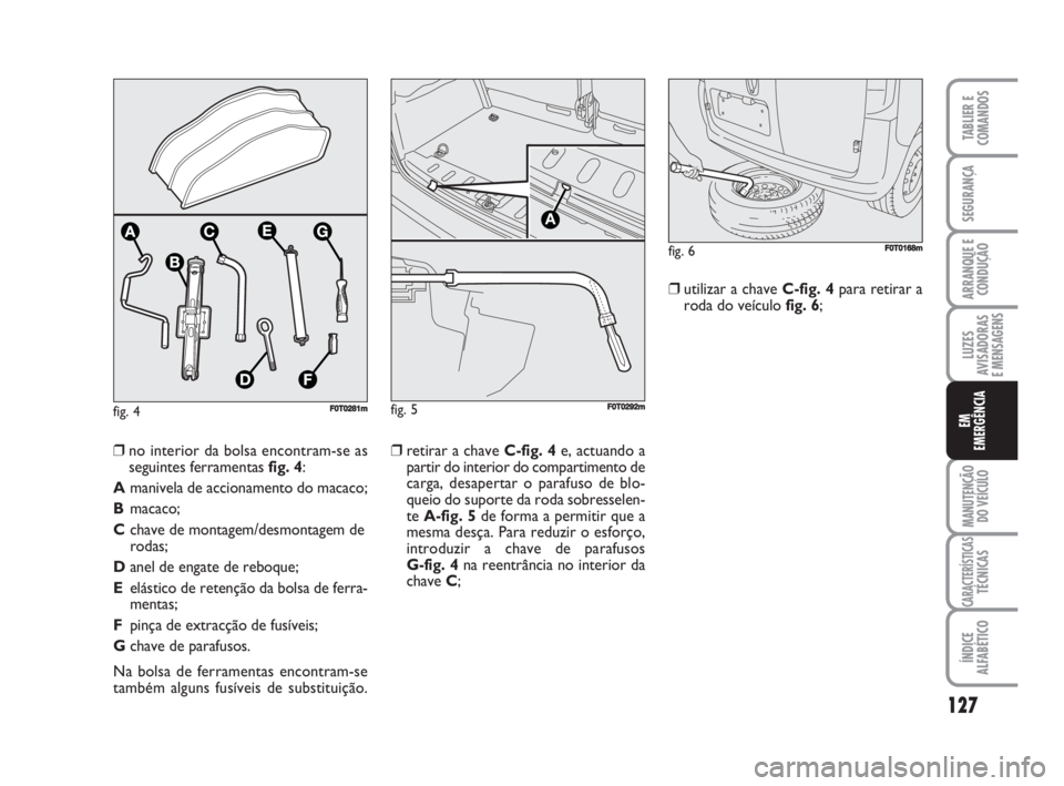 FIAT FIORINO 2014 Manual de Uso e Manutenção (in Portuguese) fig. 4F0T0281m
❒retirar a chave C-fig. 4e, actuando a
partir do interior do compartimento de
carga, desapertar o parafuso de blo-
queio do suporte da roda sobresselen-
te A-fig. 5de forma a permitir FIAT FIORINO 2014 Manual de Uso e Manutenção (in Portuguese) fig. 4F0T0281m
❒retirar a chave C-fig. 4e, actuando a
partir do interior do compartimento de
carga, desapertar o parafuso de blo-
queio do suporte da roda sobresselen-
te A-fig. 5de forma a permitir