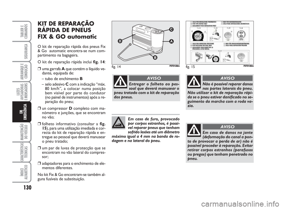 FIAT FIORINO 2014 Manual de Uso e Manutenção (in Portuguese) KIT DE REPARAÇÃO
RÁPIDA DE PNEUS
FIX & GO automatic
O kit de reparação rápida dos pneus Fix
& Go automatic encontra-se num com-
partimento na bagageira.
O kit de reparação rápida inclui fig FIAT FIORINO 2014 Manual de Uso e Manutenção (in Portuguese) KIT DE REPARAÇÃO
RÁPIDA DE PNEUS
FIX & GO automatic
O kit de reparação rápida dos pneus Fix
& Go automatic encontra-se num com-
partimento na bagageira.
O kit de reparação rápida inclui fig