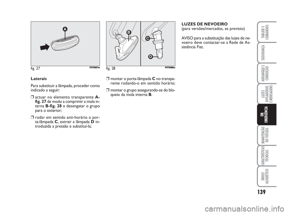 FIAT FIORINO 2014 Manual de Uso e Manutenção (in Portuguese) Laterais
Para substituir a lâmpada, proceder como
indicado a seguir:
❒actuar no elemento transparente A-
fig. 27de modo a comprimir a mola in-
terna B-fig. 28e desengatar o grupo
para o exterior;
FIAT FIORINO 2014 Manual de Uso e Manutenção (in Portuguese) Laterais
Para substituir a lâmpada, proceder como
indicado a seguir:
❒actuar no elemento transparente A-
fig. 27de modo a comprimir a mola in-
terna B-fig. 28e desengatar o grupo
para o exterior;