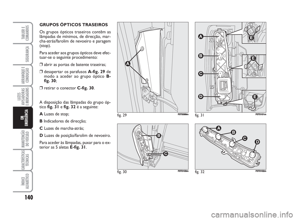 FIAT FIORINO 2015  Manual de Uso e Manutenção (in Portuguese) GRUPOS ÓPTICOS TRASEIROS
Os grupos ópticos traseiros contêm as
lâmpadas de mínimos, de direcção, mar-
cha-atrás/farolim de nevoeiro e paragem
(stop).
Para aceder aos grupos ópticos deve efec-