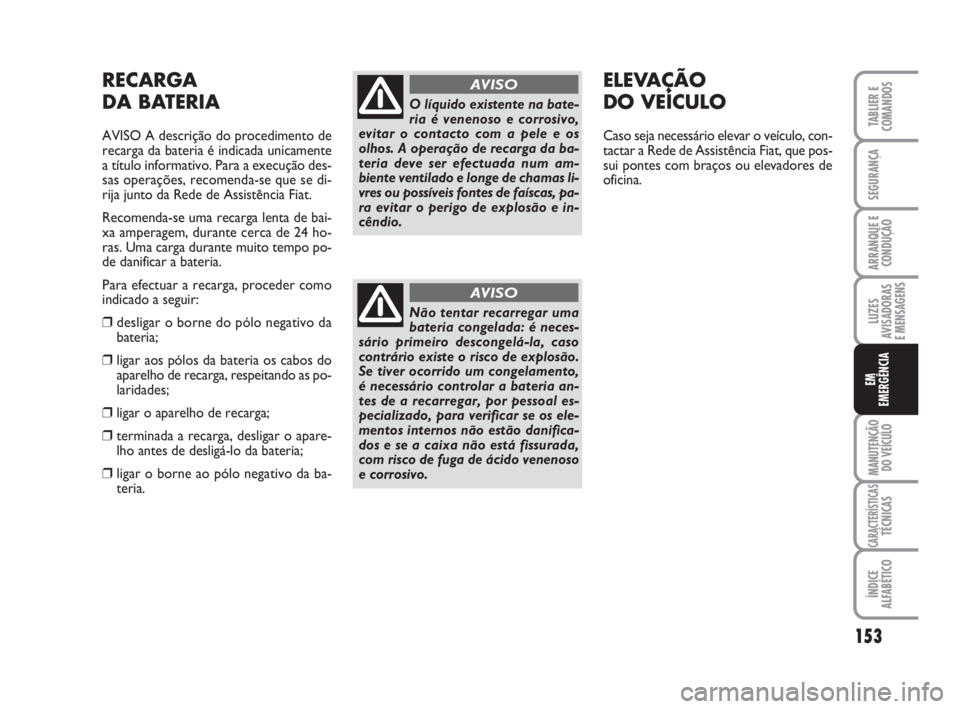 FIAT FIORINO 2014 Manual de Uso e Manutenção (in Portuguese) 153
LUZES
AVISADORAS
E MENSAGENS
MANUTENÇÃO
DO VEÍCULO
CARACTERÍSTICASTÉCNICAS
ÍNDICE
ALFABÉTICO
TABLIER E
COMANDOS
SEGURANÇA
ARRANQUE E
CONDUÇÃO
EM
EMERGÊNCIA
RECARGA
DA BATERIA
AVISO A d FIAT FIORINO 2014 Manual de Uso e Manutenção (in Portuguese) 153
LUZES
AVISADORAS
E MENSAGENS
MANUTENÇÃO
DO VEÍCULO
CARACTERÍSTICASTÉCNICAS
ÍNDICE
ALFABÉTICO
TABLIER E
COMANDOS
SEGURANÇA
ARRANQUE E
CONDUÇÃO
EM
EMERGÊNCIA
RECARGA
DA BATERIA
AVISO A d