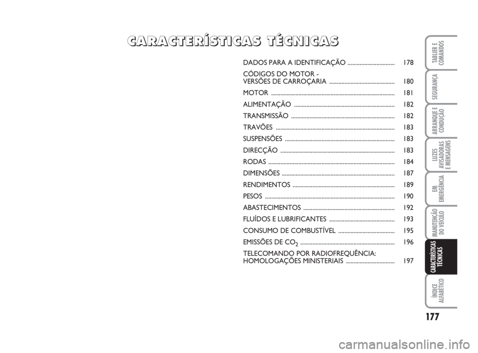 FIAT FIORINO 2014 Manual de Uso e Manutenção (in Portuguese) 177
TABLIER E
COMANDOS
SEGURANÇA
ARRANQUE E
CONDUÇÃO
LUZES
AVISADORAS
E MENSAGENS
EM
EMERGÊNCIA
MANUTENÇÃO
DO VEÍCULO
ÍNDICE
ALFABÉTICO
CARACTERÍSTICASTÉCNICAS
DADOS PARA A IDENTIFICAÇÃO FIAT FIORINO 2014 Manual de Uso e Manutenção (in Portuguese) 177
TABLIER E
COMANDOS
SEGURANÇA
ARRANQUE E
CONDUÇÃO
LUZES
AVISADORAS
E MENSAGENS
EM
EMERGÊNCIA
MANUTENÇÃO
DO VEÍCULO
ÍNDICE
ALFABÉTICO
CARACTERÍSTICASTÉCNICAS
DADOS PARA A IDENTIFICAÇÃO