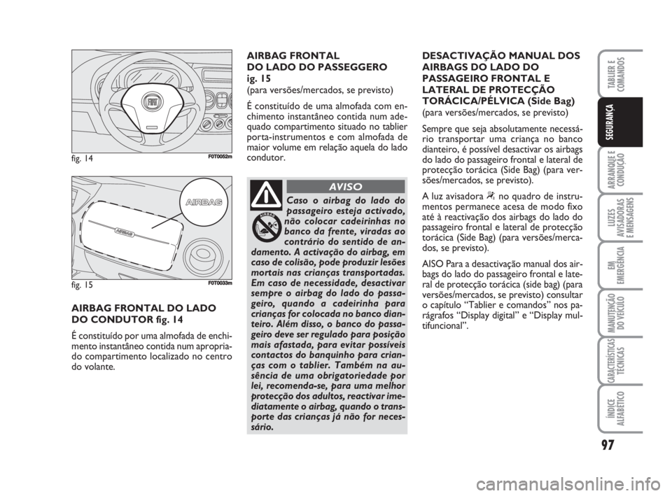FIAT FIORINO 2016  Manual de Uso e Manutenção (in Portuguese) 97
ARRANQUE E
CONDUÇÃO
LUZES
AVISADORAS 
E MENSAGENS
EM
EMERGÊNCIA
MANUTENÇÃO
DO VEÍCULO
CARACTERÍSTICASTÉCNICAS
ÍNDICE
ALFABÉTICO
TABLIER E
COMANDOS
SEGURANÇA
AIRBAG FRONTAL DO LADO 
DO CO