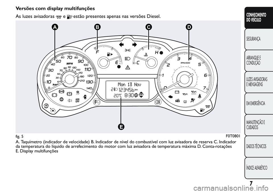 FIAT FIORINO 2017  Manual de Uso e Manutenção (in Portuguese) Versões com display multifunções
As luzes avisadoras
eestão presentes apenas nas versões Diesel.
A. Taquímetro (indicador de velocidade) B. Indicador de nível do combustível com luz avisadora 