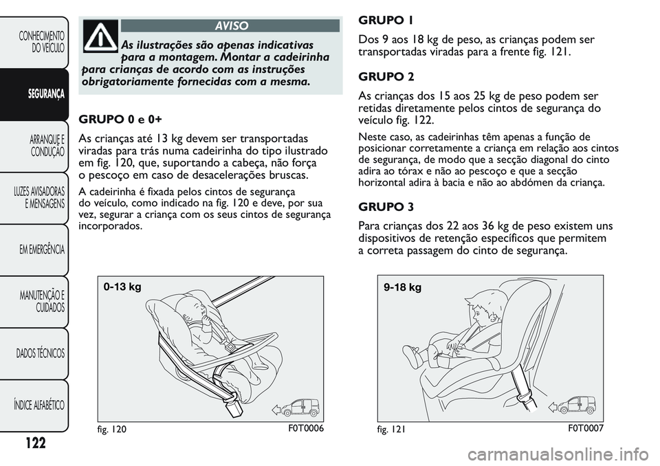 FIAT FIORINO 2017 Manual de Uso e Manutenção (in Portuguese) AVISO
As ilustrações são apenas indicativas
para a montagem. Montar a cadeirinha
para crianças de acordo com as instruções
obrigatoriamente fornecidas com a mesma.
GRUPO0e0+
As crianças até 13 FIAT FIORINO 2017 Manual de Uso e Manutenção (in Portuguese) AVISO
As ilustrações são apenas indicativas
para a montagem. Montar a cadeirinha
para crianças de acordo com as instruções
obrigatoriamente fornecidas com a mesma.
GRUPO0e0+
As crianças até 13
