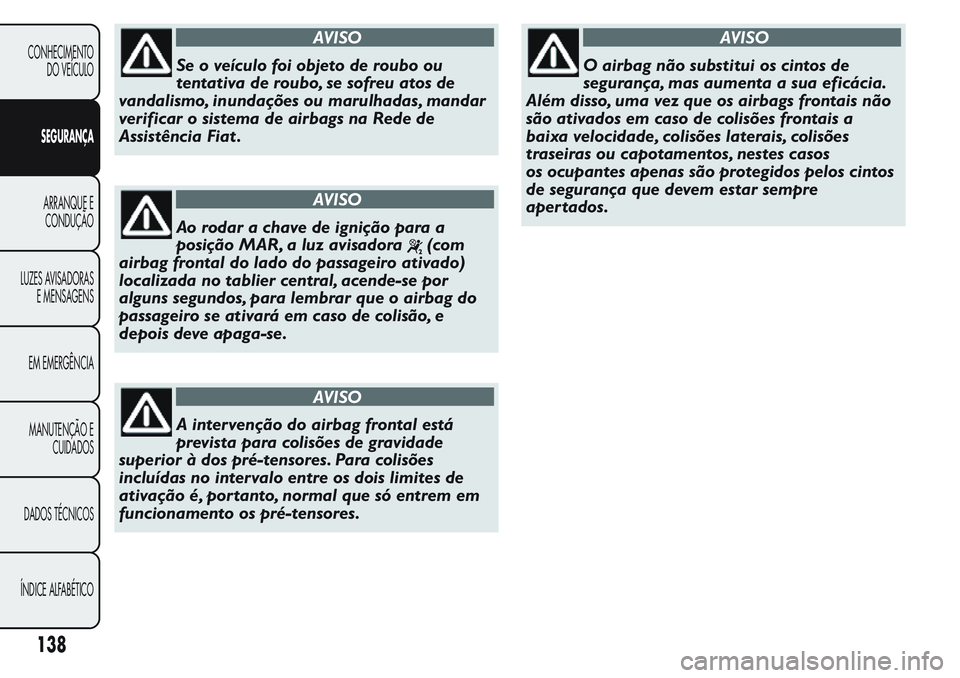 FIAT FIORINO 2017 Manual de Uso e Manutenção (in Portuguese) AVISO
Se o veículo foi objeto de roubo ou
tentativa de roubo, se sofreu atos de
vandalismo, inundações ou marulhadas, mandar
verificar o sistema de airbags na Rede de
Assistência Fiat .
AVISO
Ao r FIAT FIORINO 2017 Manual de Uso e Manutenção (in Portuguese) AVISO
Se o veículo foi objeto de roubo ou
tentativa de roubo, se sofreu atos de
vandalismo, inundações ou marulhadas, mandar
verificar o sistema de airbags na Rede de
Assistência Fiat .
AVISO
Ao r