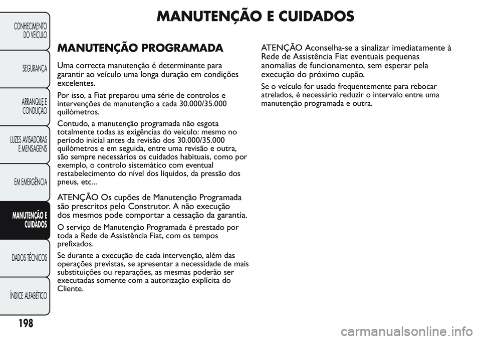 FIAT FIORINO 2017 Manual de Uso e Manutenção (in Portuguese) MANUTENÇÃO E CUIDADOS
MANUTENÇÃO PROGRAMADA
Uma correcta manutenção é determinante para
garantir ao veículo uma longa duração em condições
excelentes.
Por isso, a Fiat preparou uma série FIAT FIORINO 2017 Manual de Uso e Manutenção (in Portuguese) MANUTENÇÃO E CUIDADOS
MANUTENÇÃO PROGRAMADA
Uma correcta manutenção é determinante para
garantir ao veículo uma longa duração em condições
excelentes.
Por isso, a Fiat preparou uma série