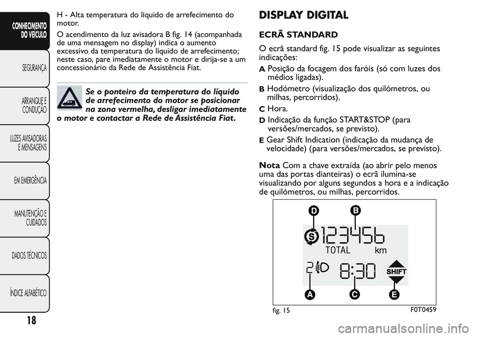 FIAT FIORINO 2017  Manual de Uso e Manutenção (in Portuguese) H - Alta temperatura do líquido de arrefecimento do
motor.
O acendimento da luz avisadora B fig. 14 (acompanhada
de uma mensagem no display) indica o aumento
excessivo da temperatura do líquido de a