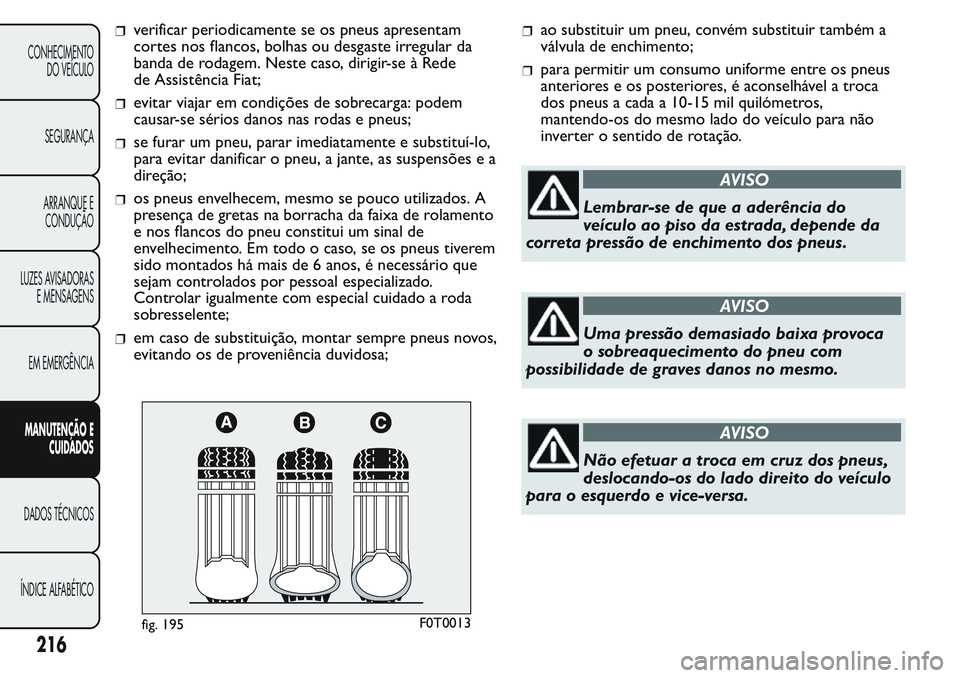 FIAT FIORINO 2017 Manual de Uso e Manutenção (in Portuguese) verificar periodicamente se os pneus apresentam
cortes nos flancos, bolhas ou desgaste irregular da
banda de rodagem. Neste caso, dirigir-se à Rede
de Assistência Fiat;
evitar viajar em condições FIAT FIORINO 2017 Manual de Uso e Manutenção (in Portuguese) verificar periodicamente se os pneus apresentam
cortes nos flancos, bolhas ou desgaste irregular da
banda de rodagem. Neste caso, dirigir-se à Rede
de Assistência Fiat;
evitar viajar em condições