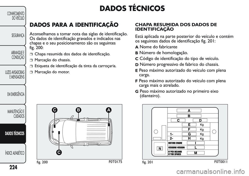 FIAT FIORINO 2017 Manual de Uso e Manutenção (in Portuguese) DADOS TÉCNICOS
DADOS PARA A IDENTIFICAÇÃO
Aconselhamos a tomar nota das siglas de identificação.
Os dados de identificação gravados e indicados nas
chapas e o seu posicionamento são os seguint FIAT FIORINO 2017 Manual de Uso e Manutenção (in Portuguese) DADOS TÉCNICOS
DADOS PARA A IDENTIFICAÇÃO
Aconselhamos a tomar nota das siglas de identificação.
Os dados de identificação gravados e indicados nas
chapas e o seu posicionamento são os seguint