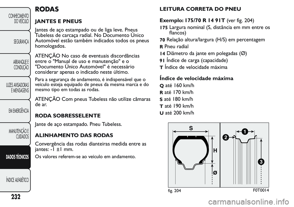 FIAT FIORINO 2017  Manual de Uso e Manutenção (in Portuguese) RODAS
JANTES E PNEUS
Jantes de aço estampado ou de liga leve. Pneus
Tubeless de carcaça radial. No Documento Único
Automóvel estão também indicados todos os pneus
homologados.
ATENÇÃO No caso 