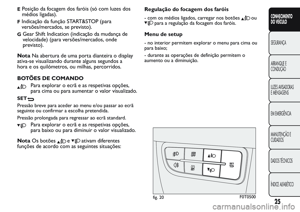 FIAT FIORINO 2017  Manual de Uso e Manutenção (in Portuguese) EPosição da focagem dos faróis (só com luzes dos
médios ligadas).
FIndicação da função START&STOP (para
versões/mercados, se previsto).
GGear Shift Indication (indicação da mudança de
vel