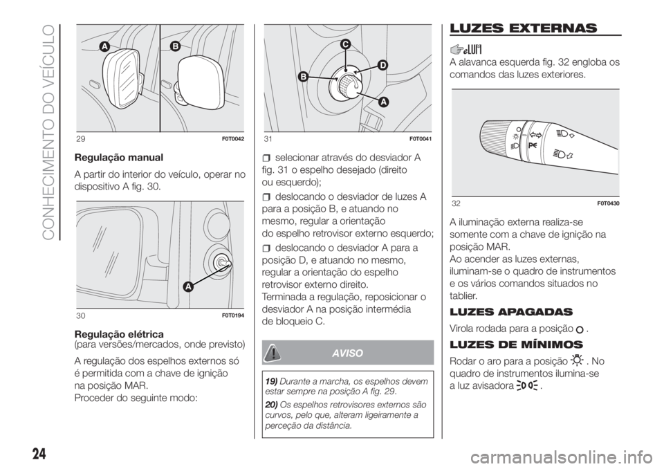 FIAT FIORINO 2018  Manual de Uso e Manutenção (in Portuguese) Regulação manual
A partir do interior do veículo, operar no
dispositivo A fig. 30.
Regulação elétrica
(para versões/mercados, onde previsto)
A regulação dos espelhos externos só
é permitida