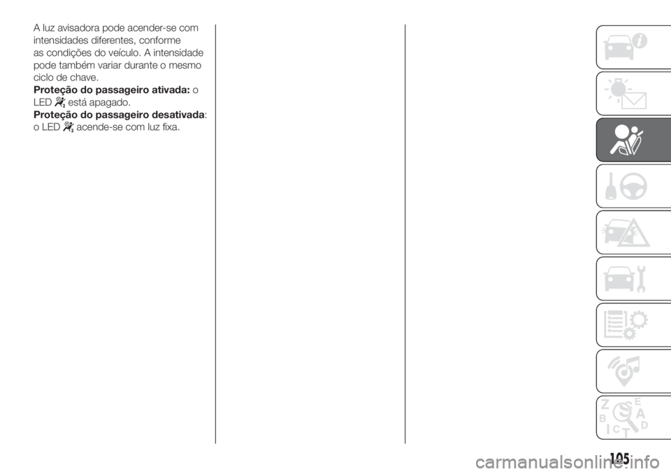 FIAT FIORINO 2019  Manual de Uso e Manutenção (in Portuguese) A luz avisadora pode acender-se com
intensidades diferentes, conforme
as condições do veículo. A intensidade
pode também variar durante o mesmo
ciclo de chave.
Proteção do passageiro ativada:o
L
