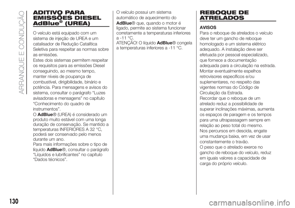 FIAT FIORINO 2019  Manual de Uso e Manutenção (in Portuguese) ADITIVO PARA
EMISSÕES DIESEL
AdBlue
®(UREA)
O veículo está equipado com um
sistema de injeção de UREA e um
catalisador de Redução Catalítica
Seletiva para respeitar as normas sobre
as emissõ