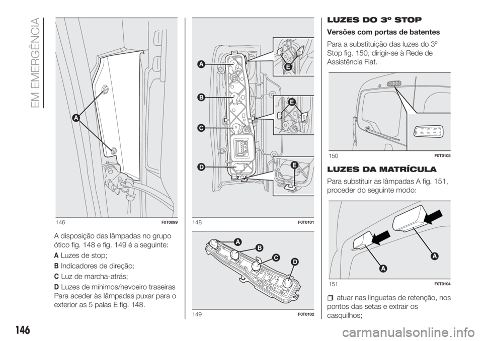 FIAT FIORINO 2019  Manual de Uso e Manutenção (in Portuguese) A disposição das lâmpadas no grupo
ótico fig. 148 e fig. 149 é a seguinte:
ALuzes de stop;
BIndicadores de direção;
CLuz de marcha-atrás;
DLuzes de mínimos/nevoeiro traseiras
Para aceder às 