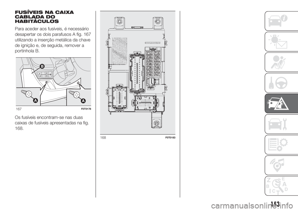 FIAT FIORINO 2019  Manual de Uso e Manutenção (in Portuguese) FUSÍVEIS NA CAIXA
CABLADA DO
HABITÁCULOS
Para aceder aos fusíveis, é necessário
desapertar os dois parafusos A fig. 167
utilizando a inserção metálica da chave
de ignição e, de seguida, remo