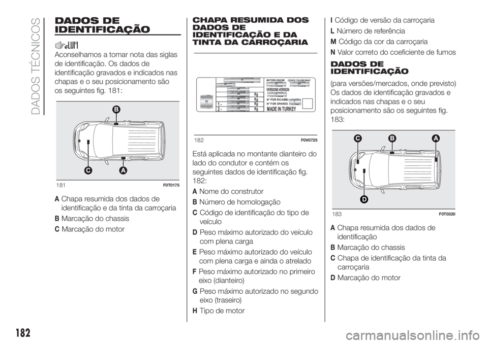 FIAT FIORINO 2019  Manual de Uso e Manutenção (in Portuguese) DADOS DE
IDENTIFICAÇÃO
Aconselhamos a tomar nota das siglas
de identificação. Os dados de
identificação gravados e indicados nas
chapas e o seu posicionamento são
os seguintes fig. 181:
AChapa 