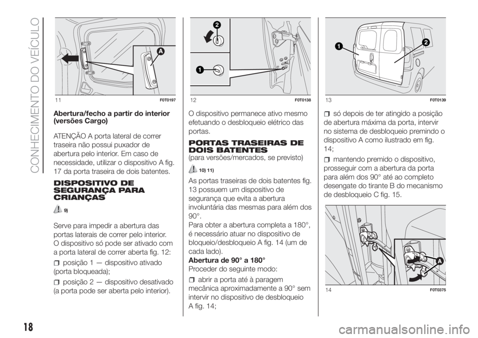 FIAT FIORINO 2019 Manual de Uso e Manutenção (in Portuguese) Abertura/fecho a partir do interior
(versões Cargo)
ATENÇÃO A porta lateral de correr
traseira não possui puxador de
abertura pelo interior. Em caso de
necessidade, utilizar o dispositivo A fig.
1 FIAT FIORINO 2019 Manual de Uso e Manutenção (in Portuguese) Abertura/fecho a partir do interior
(versões Cargo)
ATENÇÃO A porta lateral de correr
traseira não possui puxador de
abertura pelo interior. Em caso de
necessidade, utilizar o dispositivo A fig.
1