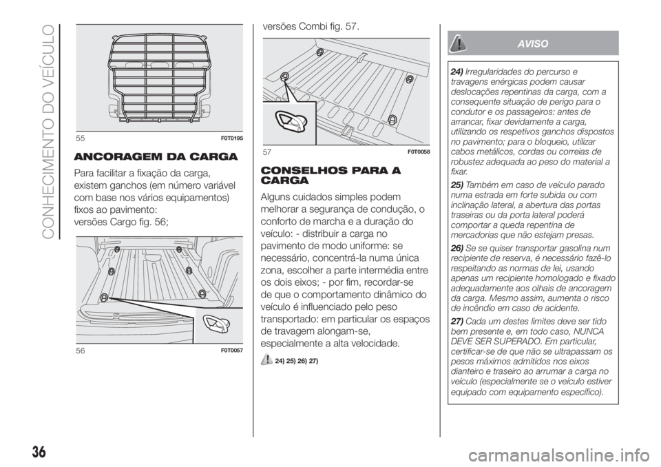 FIAT FIORINO 2019 Manual de Uso e Manutenção (in Portuguese) ANCORAGEM DA CARGA
Para facilitar a fixação da carga,
existem ganchos (em número variável
com base nos vários equipamentos)
fixos ao pavimento:
versões Cargo fig. 56;versões Combi fig. 57.
CONS FIAT FIORINO 2019 Manual de Uso e Manutenção (in Portuguese) ANCORAGEM DA CARGA
Para facilitar a fixação da carga,
existem ganchos (em número variável
com base nos vários equipamentos)
fixos ao pavimento:
versões Cargo fig. 56;versões Combi fig. 57.
CONS